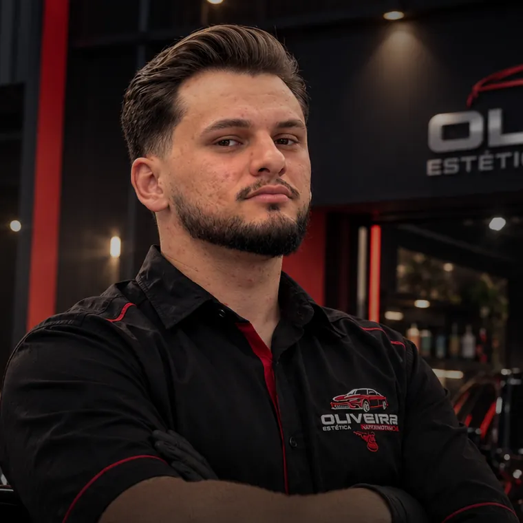 Gilberto, da Oliveira Estética Automotiva, em imagem de ambiente do estúdio