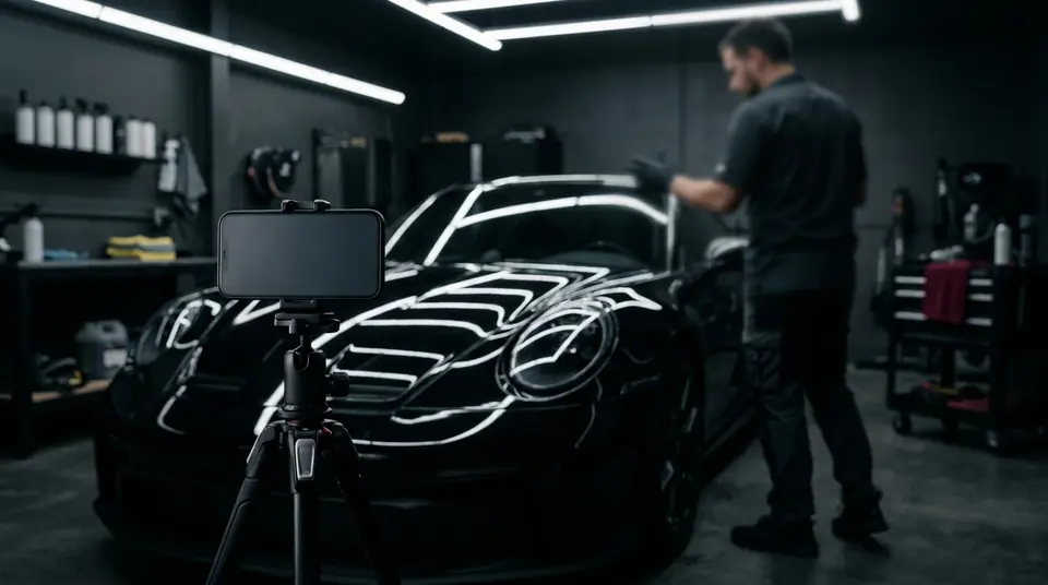 Imagem ilustrativa: gravação de conteúdo educativo em um estúdio de estética automotiva